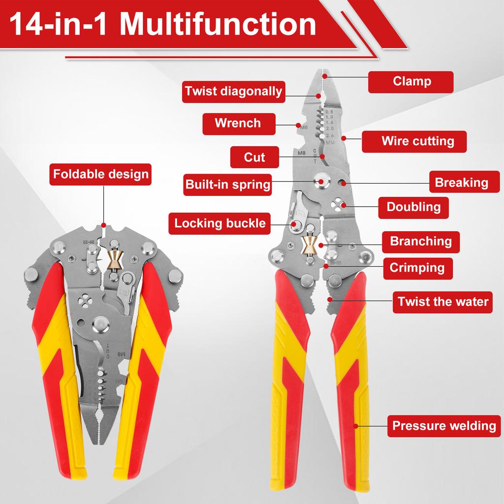 14 in 1 Multifunctional Wire Stripper Pliers Foldable Cable Stripper Tool Ergonomic Electric Wire Cutting Splitting Crimping