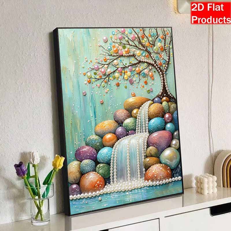 DIY Frameless Pearl Painting Kit Colorful Tree and Waterfall Landscape 3D Shiny Bead Art Canvas Relaxing Craft for Home Wall Decor Birthday Gift