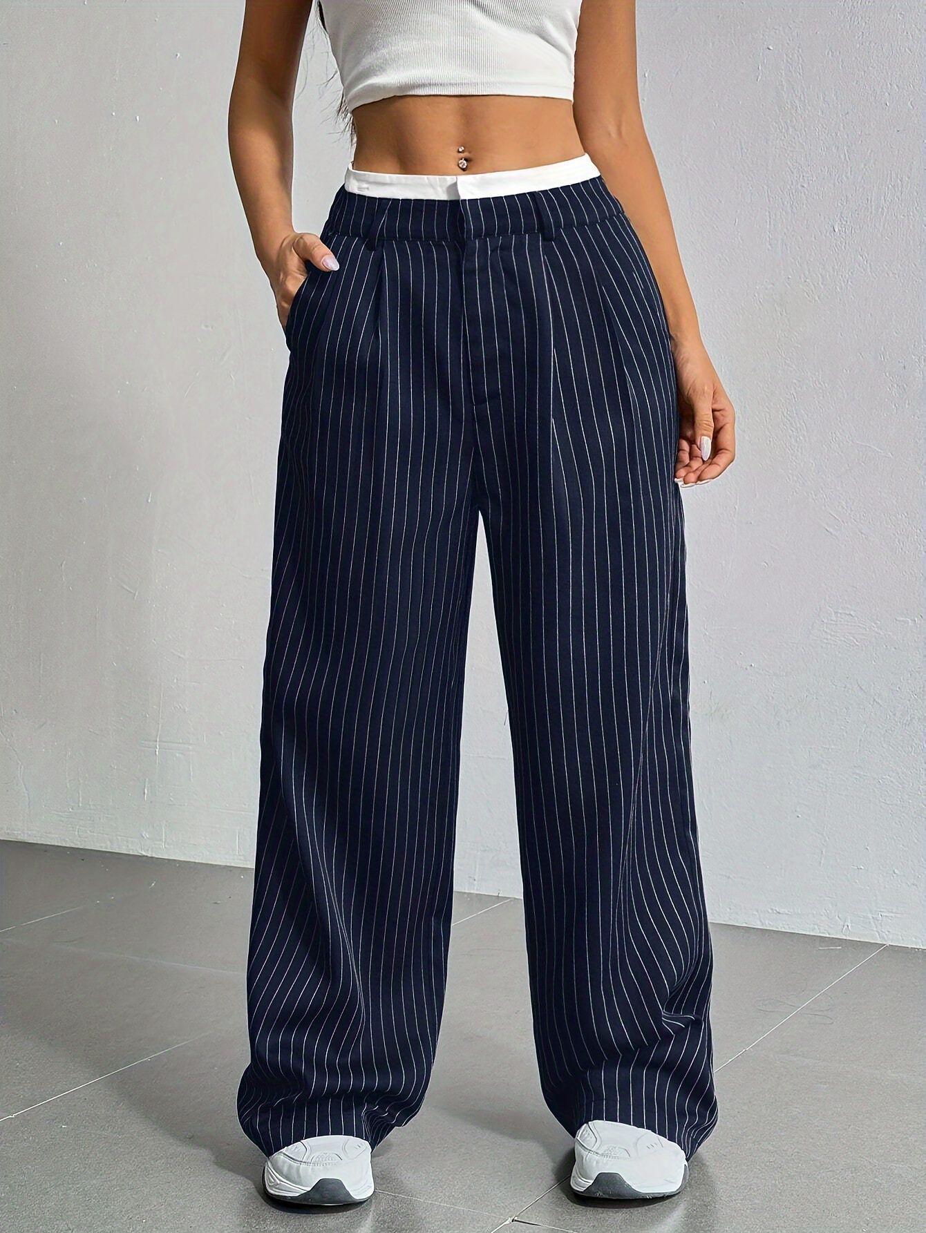 Women s High Waist Wide Leg Pants with Pleated Detail and Contrast Waistband S