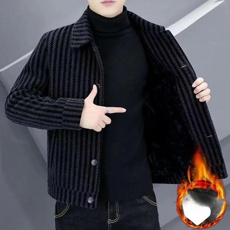 

Універсальне чоловіче пальто для осені та зими, щільне вовняне пальто в смужку з лацканами та повсякденна куртка для тепла 3XL чорний