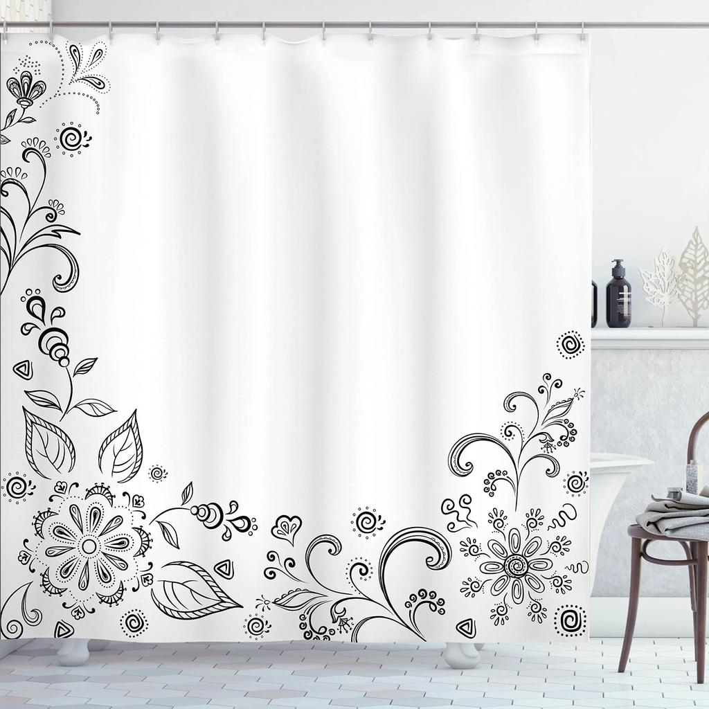 Mandala Shower Curtain,Vintage Cosmos Oriental Breeze Pattern Swirled Floral Leaves Cloth Fabric Bathroom Curtain Set with Hooks