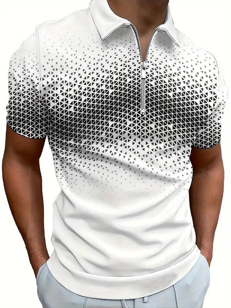 Trendy Half-zip Short-sleeve Geometric Pattern Polo Shirt, Great for Casual Wear.
