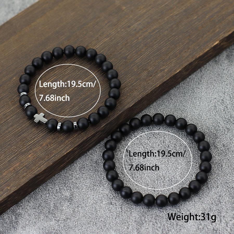 Simple Men Bracelet 2Pcs 6mm Natural Stone Meditation Yoga Brass Braclet Cross Hematite Lava Stone Faux Wooden Bead Strings