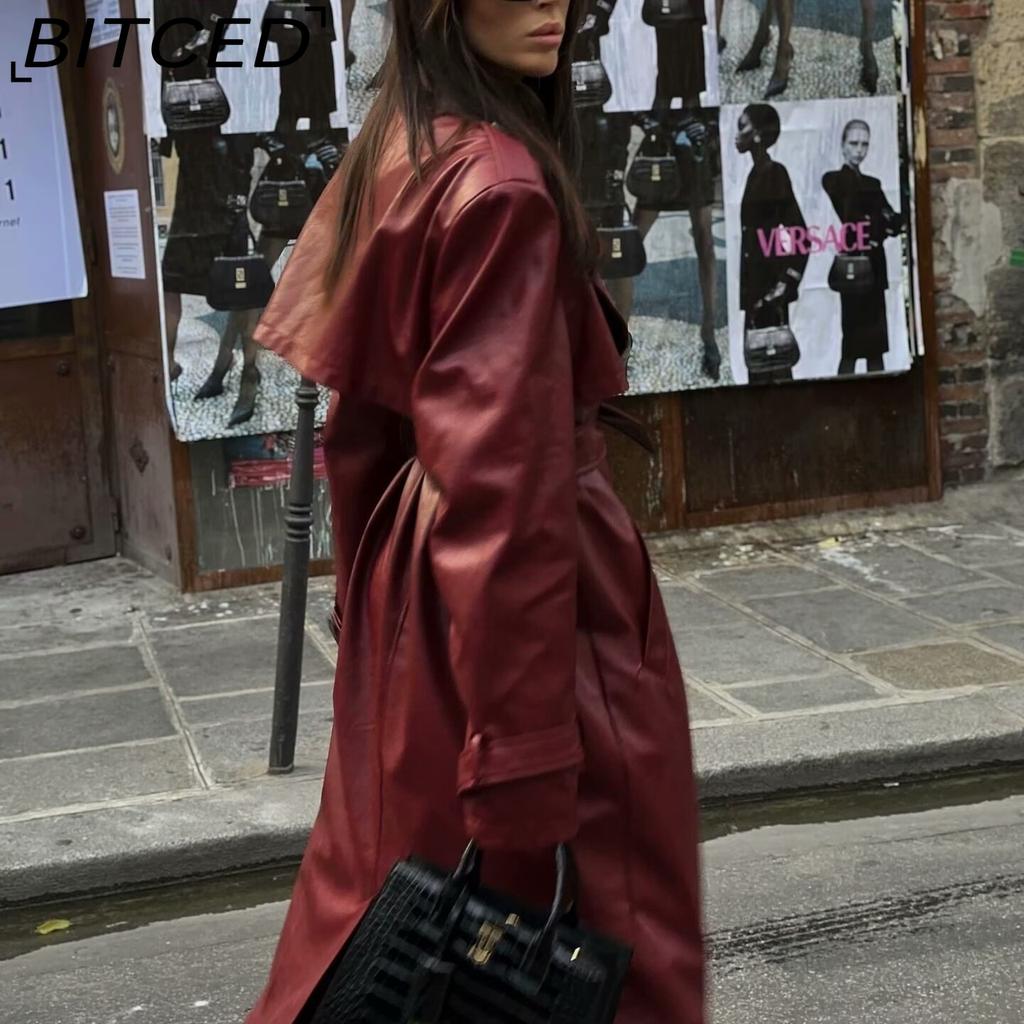 BITCED Women's Spring/Autumn Plus Size Oversized Casual Fashion Long Leather-Style Trench Coat