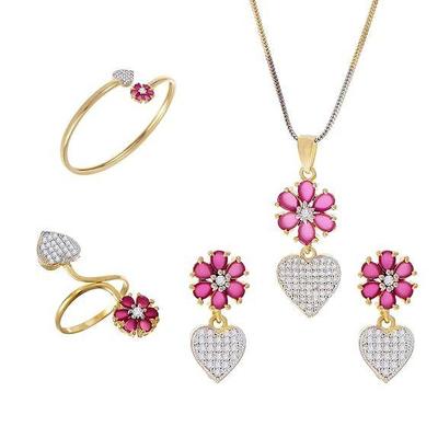 Jewellery Set Gold Plated American Diamond Heart Shaped Pendant with Earrings, Bracelet and Ring for Women & Girls