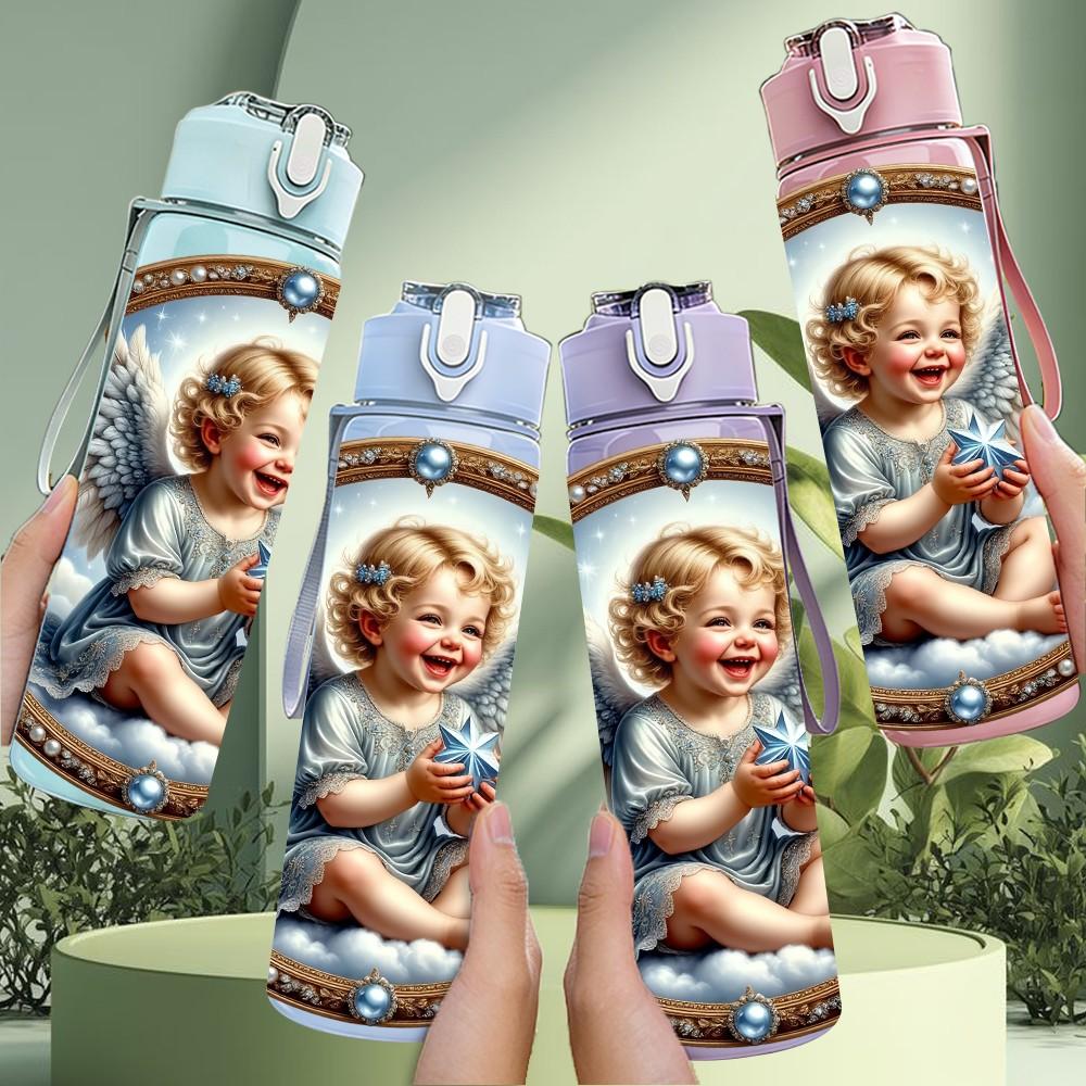 1PC Vintage Angel Baby Religious 750ml Color Plastic Sports Water Bottle Leakproof Flip Straw Lid Suitable for Sports Office Home Use