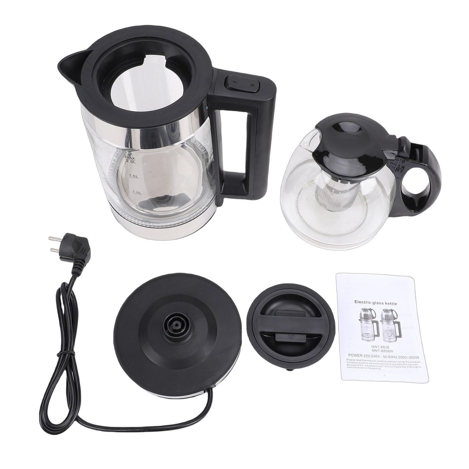 Musysh Black Electric Turkish Tea Maker 2000W Borosilicate Glass Tea Kettle Stainless Steel Infuser 2L Kettle 0.8L Teapot Capacity