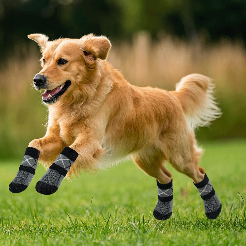 4 Stück/Set Verstellbare Rutschfeste Hundesocken Verdickte Welpen Warmsocken Haustier Pfotenschutz für Alle Jahreszeiten