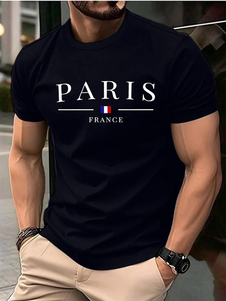 Summer men's 100% pure cotton casual loose plus size Paris French printed sports comfortable round neck short sleeved T-shirt