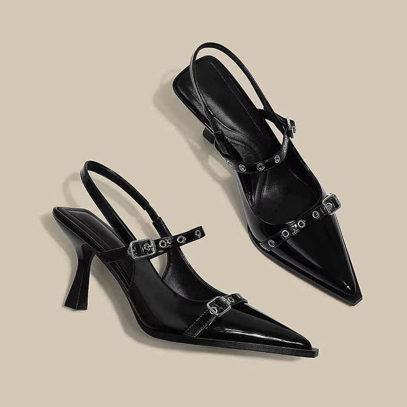 High heels women's summer new black pointed thin heel one-word bag head sandals light mouth single shoes