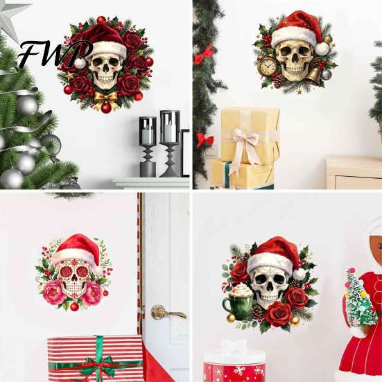 Holiday Window Clings for Glass Christmas Skull Wall Decal, Removable PVC Sticker with Santa Hat Rose Party Decor Design, Dark Bedroom Living