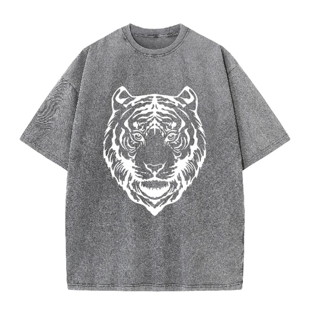 2026 Vintage Black White Tiger Head Line Art Graphic Black Acid Washed T Shirt Retro Wild Animal Oversized Unisex Casual Short S