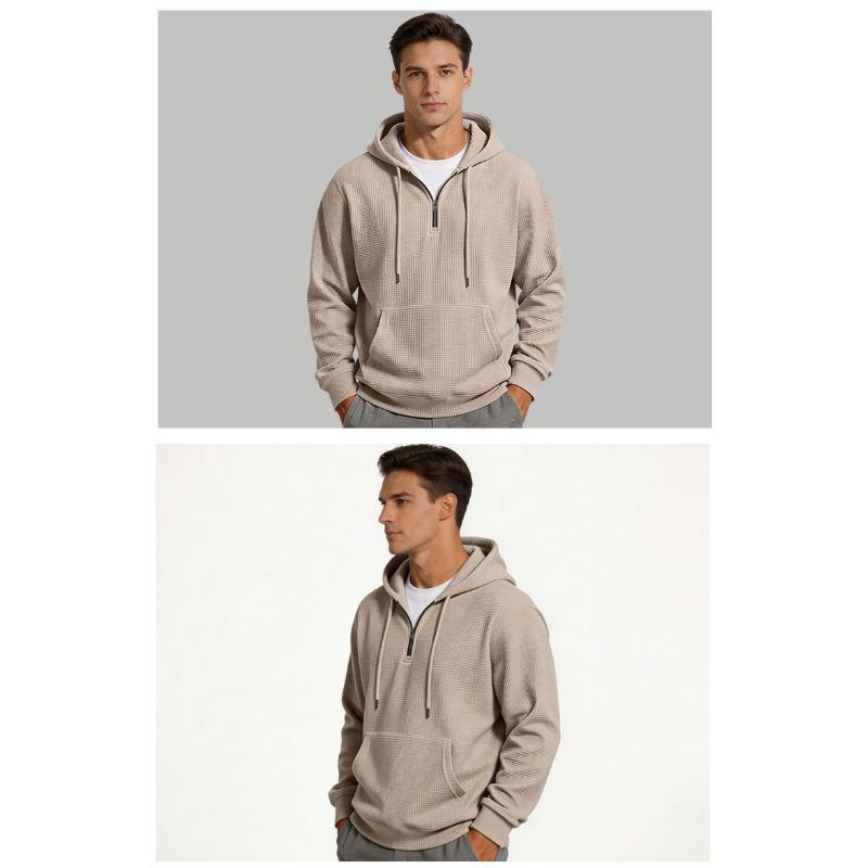Men S Solid Color Waffle Hooded Half Zip Long Sleeve Pullover Sweatshirt