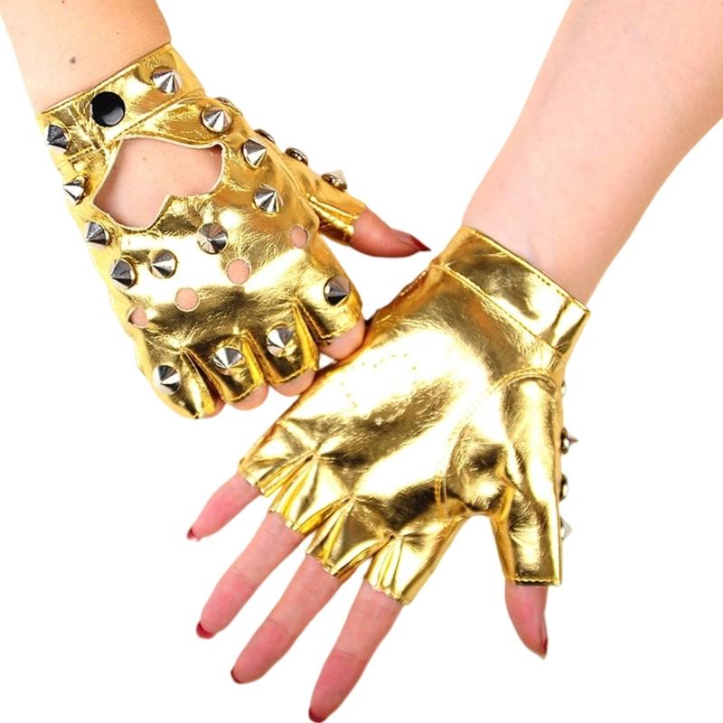 1 Paio di Guanti Punk da Donna a Mezza Dita con Borchie e Rivetti per Spettacoli di Danza e Moda