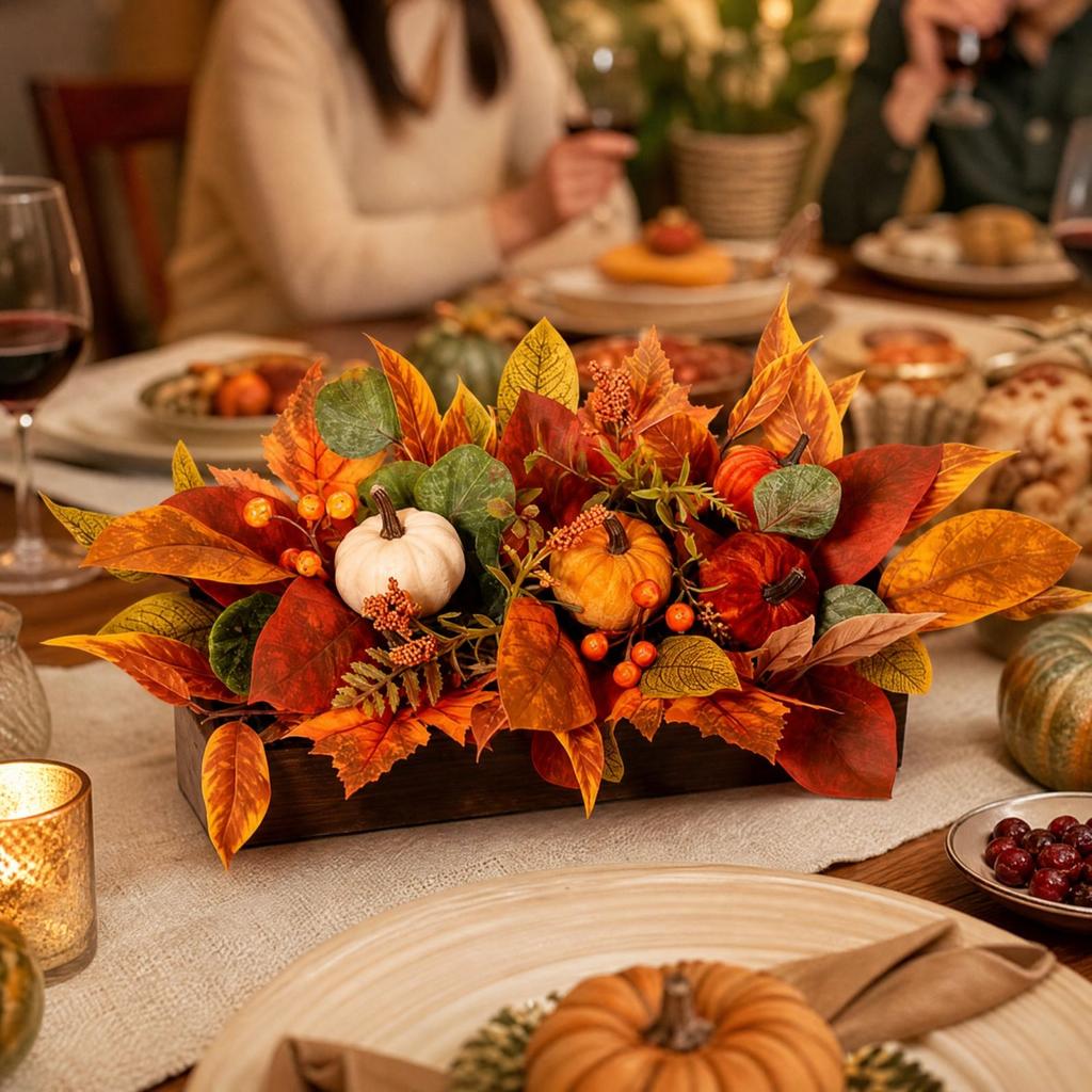 Artificial Potted Plant with Pumpkin and Maple Leaves for Thanksgiving Home Decor
