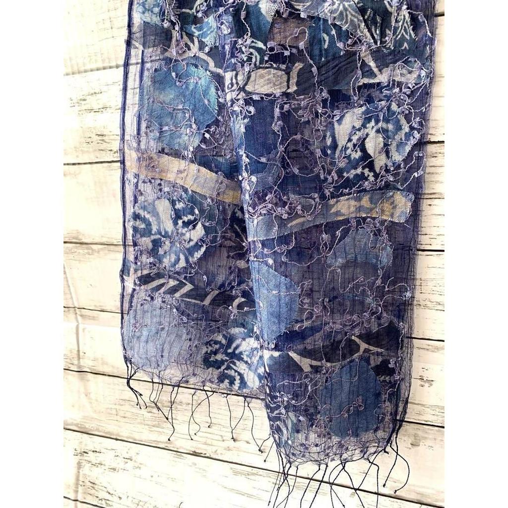 Used Indian silk stole, Ari embroidery, 1395, thin, spring/summer, 40x180, navy, Mother's Day gift