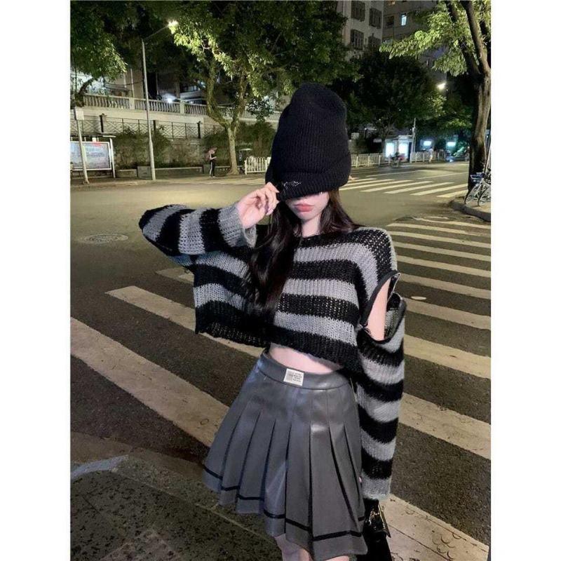Contrasting Stripes Design Sense Niche Hollow Knitted Sweater Autumn New Women's Loose Short Ripped Sweater