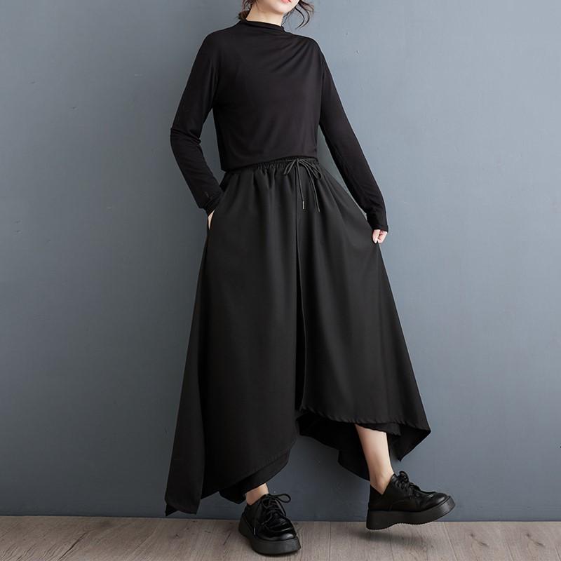 Černá Plus velikost Vintage vysoký Pas Ležérní volné jaro Podzim Léto široká noha Kalhoty Sukně Ženy Kalhoty