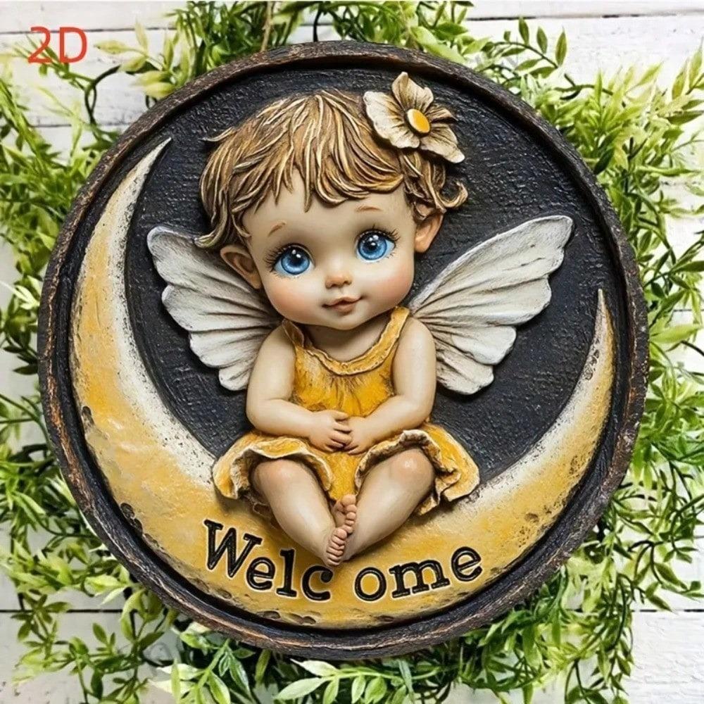 Whimsical Angel On Half Moon Boho Welcome Sign Home Decor Halloween Wall Art