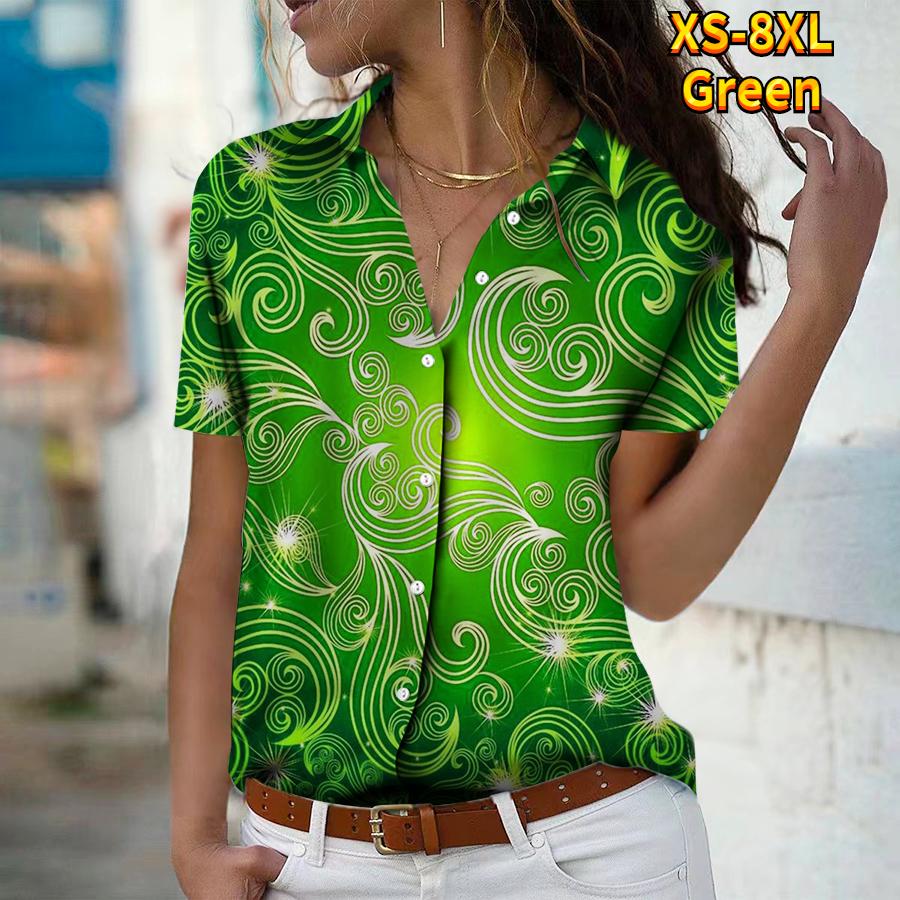 

2025 Summer New Fashion Women s Plant Printed Short Sleeve V-neck Casual Button-down Shirt Top XS зелений