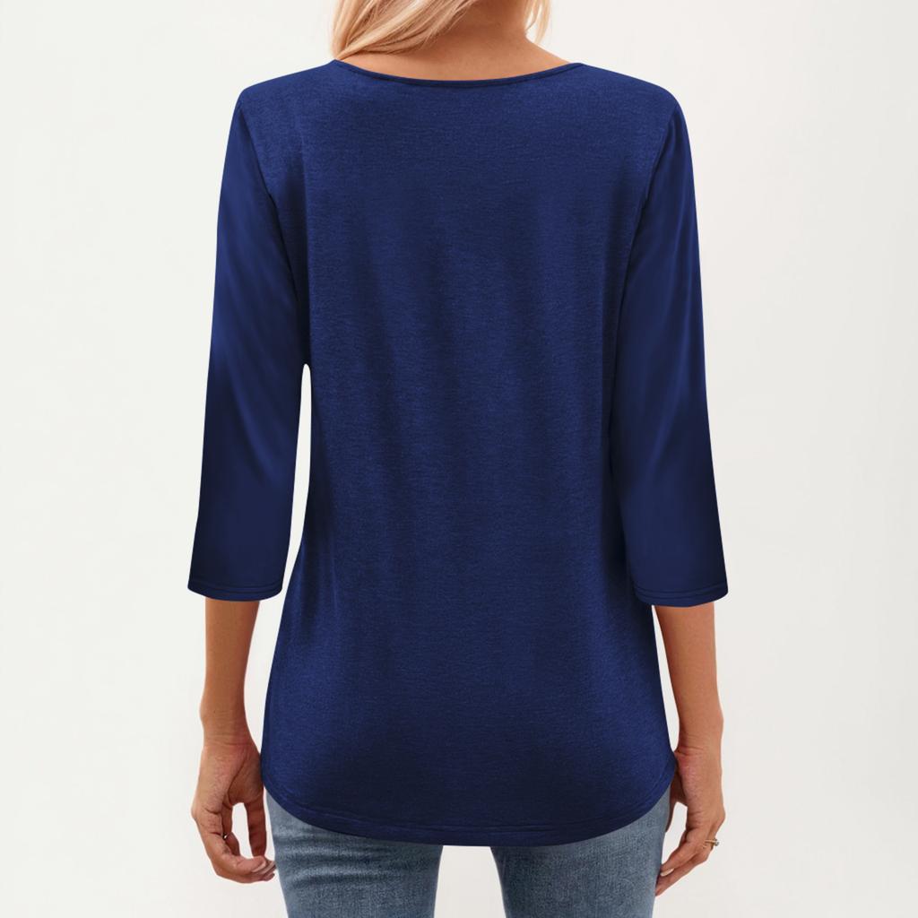 Modisches lässiges Damen-T-Shirt-Oberteil mit Rundhalsausschnitt, Falten und Sieben-Viertel-Ärmeln in Farbe