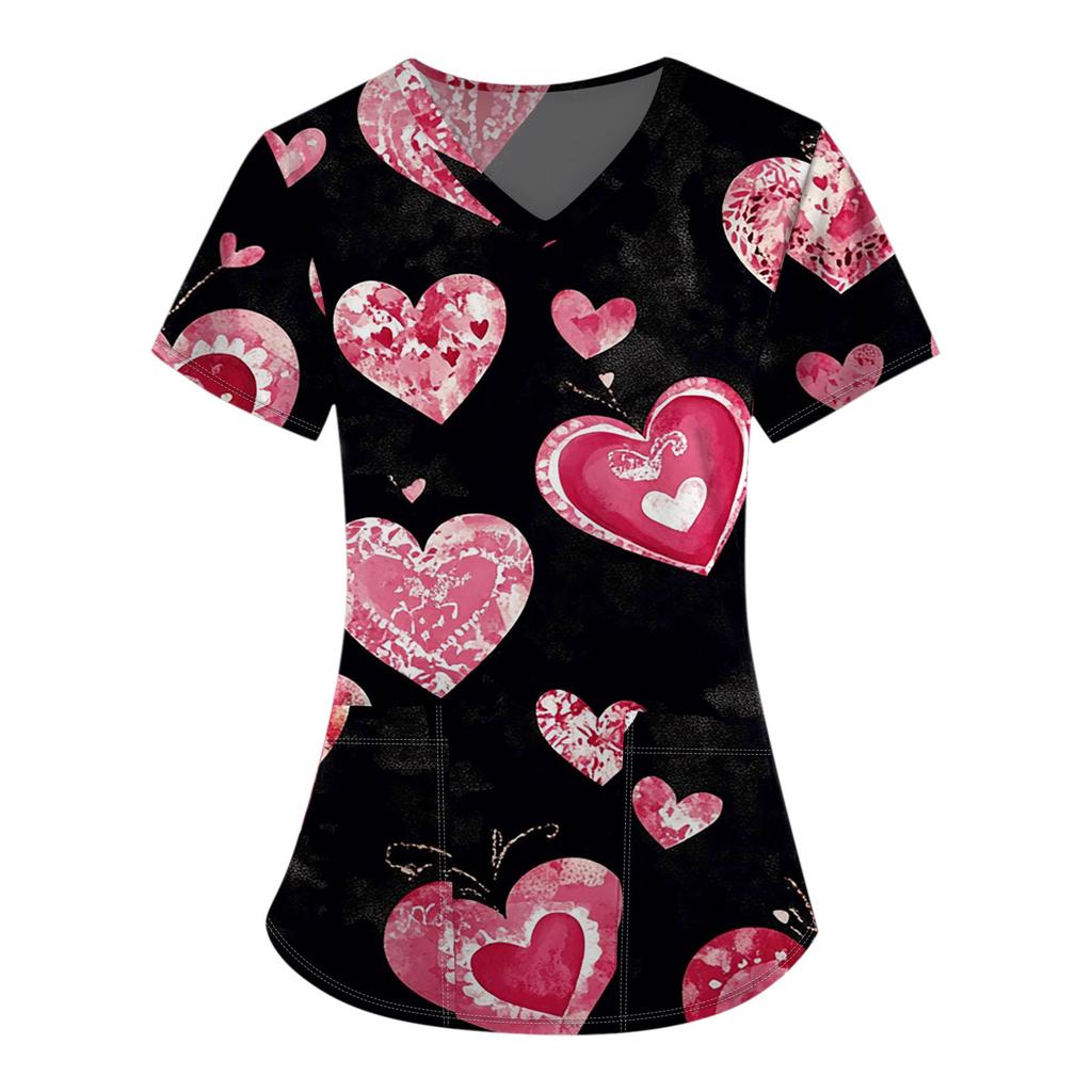 Women's Fashion V-Neck Short Sleeve Overalls With Pocket Valentine's Day Printed Tops  Clothes
