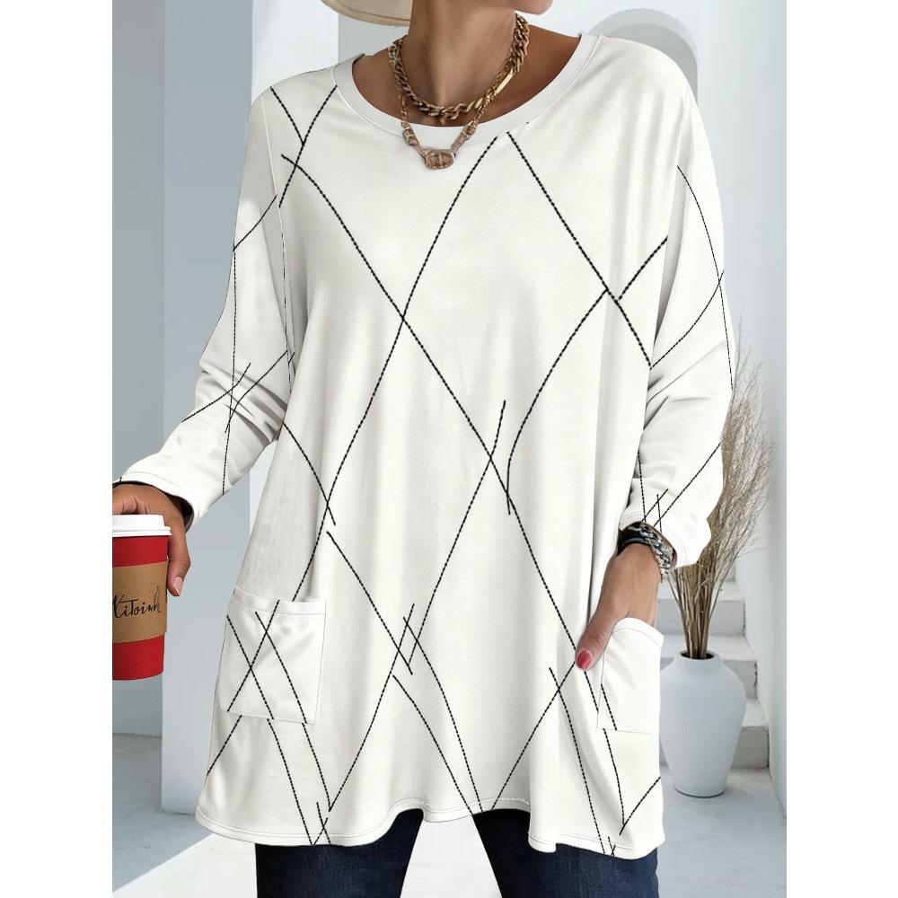 Women's Large Size Loose Rhombus Print Long Sleeve T-Shirt with Pockets