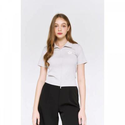 Short Sleeve Zip Up Beige Ribbed Collar Jueflower