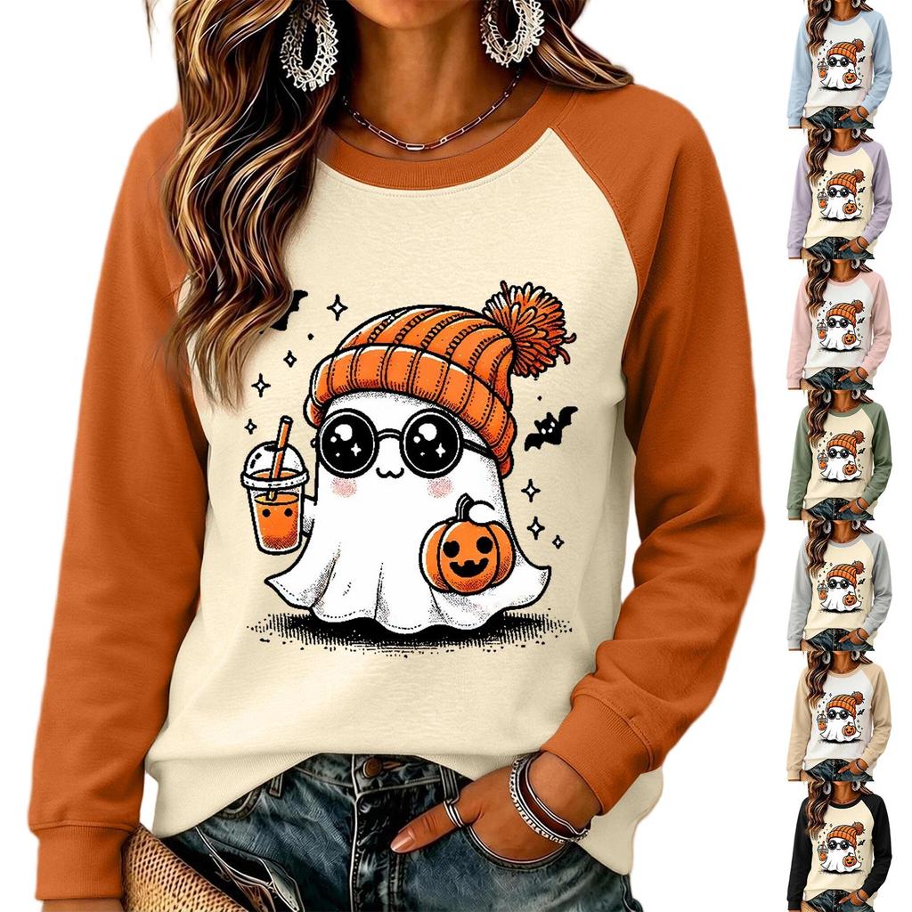 Women's Halloween Printed Neck Sweatshirt Casual Pullover Top