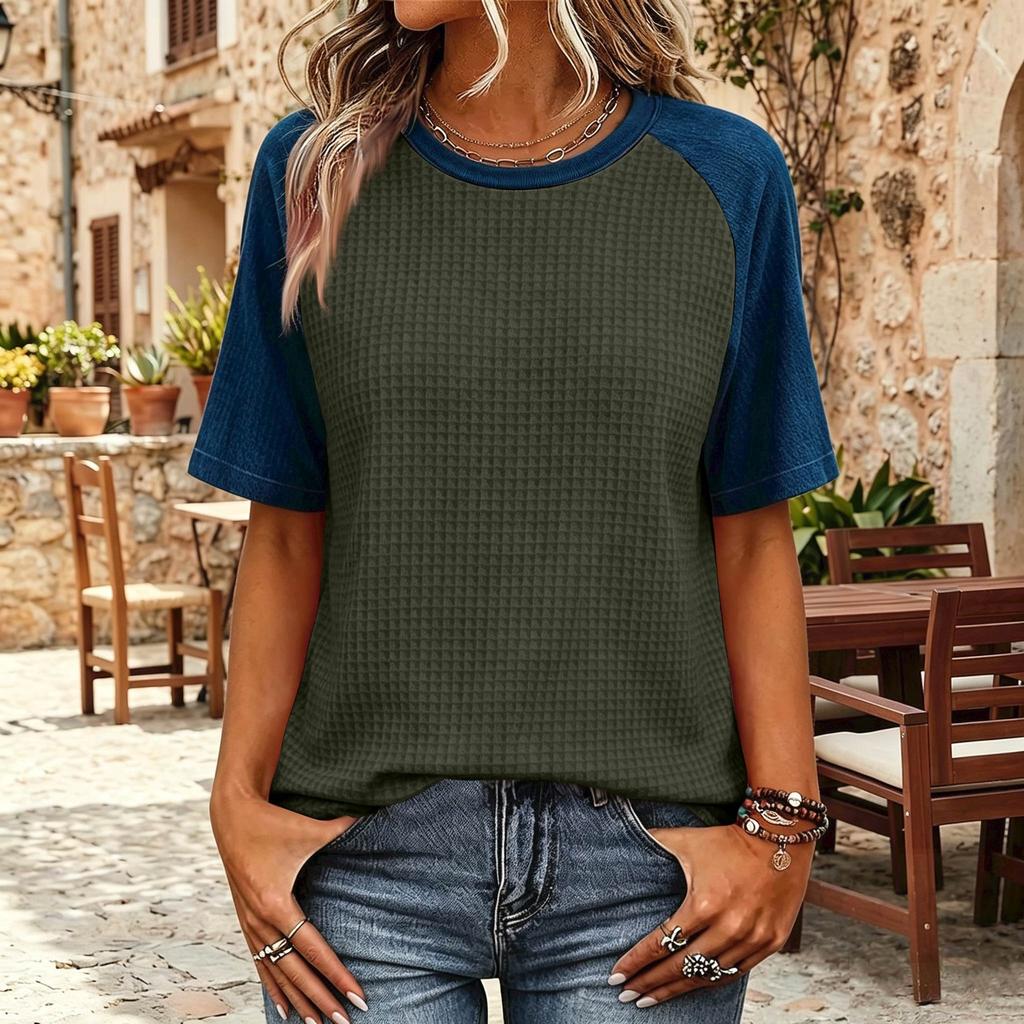 Women’s Casual Vintage Lightweight Plus Size Waffle Knit Raglan Crewneck Top Loose Fit Short Sleeve Pullover Shirt