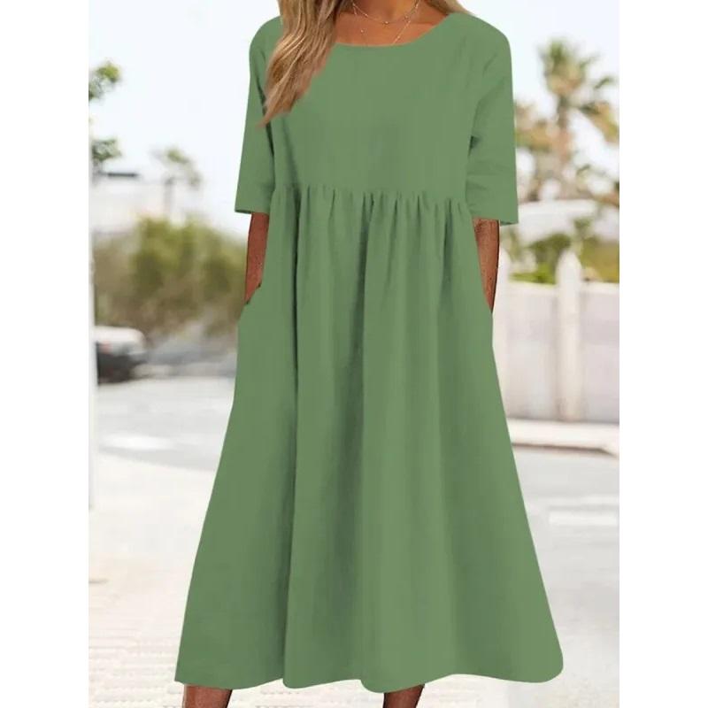 Abito Casual da Donna Estivo Nuovo Stile Girocollo Manica a 5 Punti Taglia Larga Lungo Monocolore Cotone e Lino