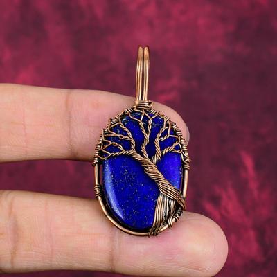 Tree Of Life Lapis Lazuli Gemstone Pendant Copper Wire Wrapped Handmade Jewelry