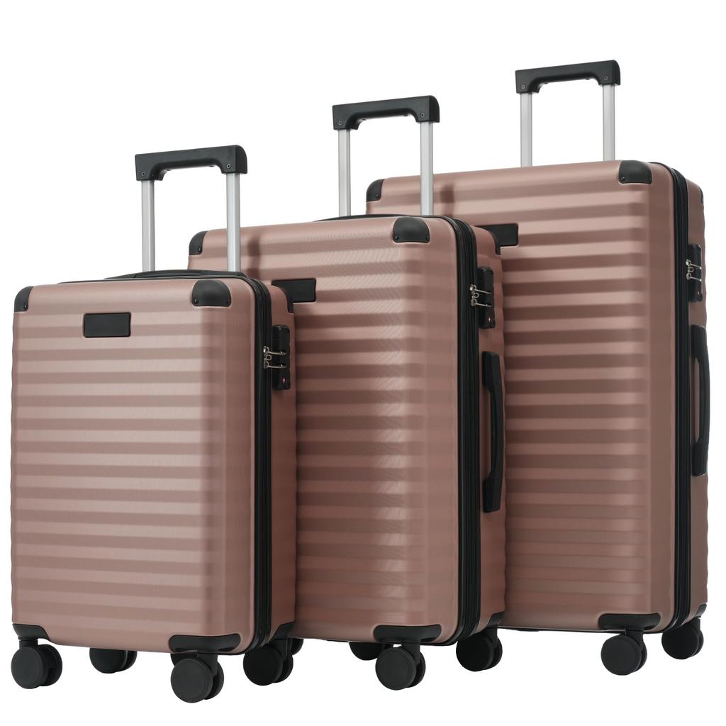 Kofferset 3tlg Hartschale, Erweiterbar, Trolley Koffer, TSA Schloss, 4 Rollen, Teleskopgriff, Schutzecken, Becherhalter, ABS, Champagne