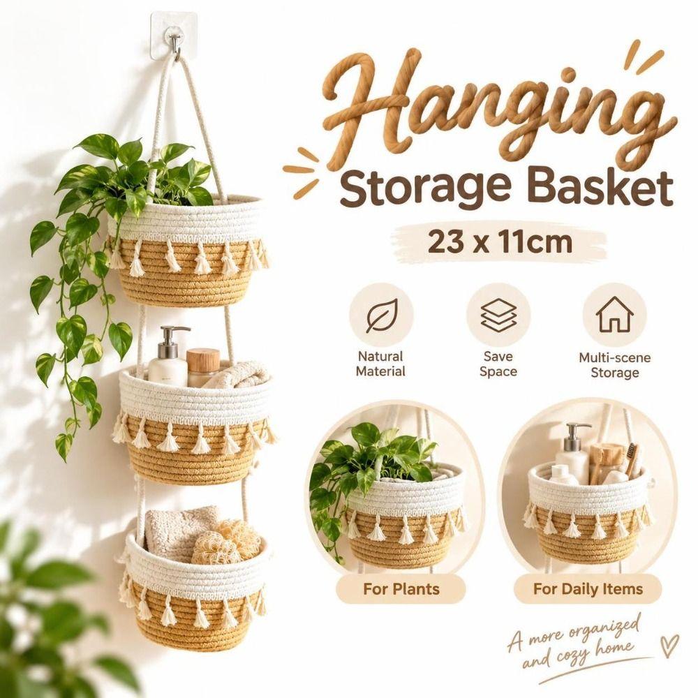 Cotton Rope Wall Hanging Basket Tiered Structure Woven Hanging Organizer Key Organization