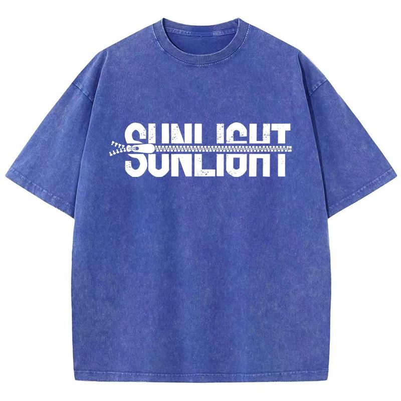Sunlight Cotton Washed T Shirts Women Zipper Pattern Prints T-Shirts Distressed Oversized O-Neck Tops Womans Streetwear