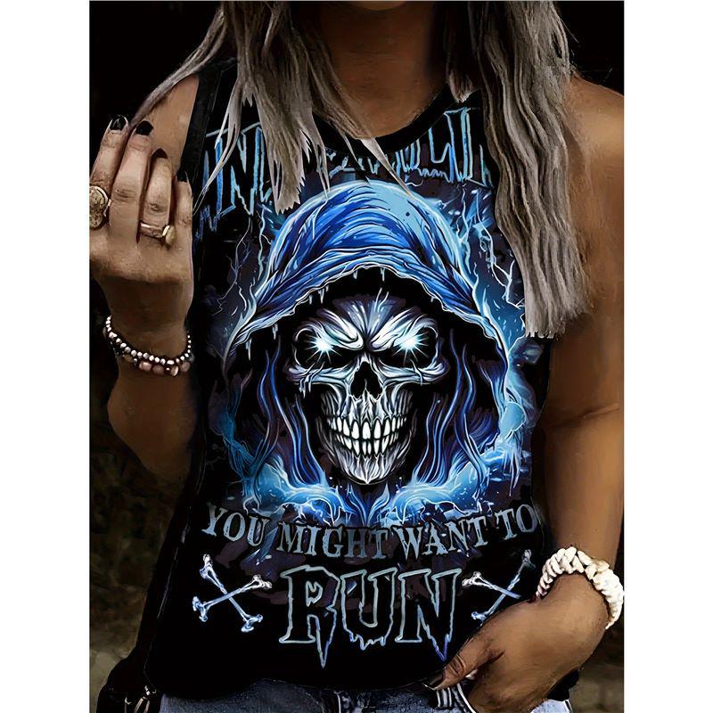

Градиентный принт черепа, круглый вырез, майка без рукавов - Хэллоуин, панк-стиль Double Extra Large