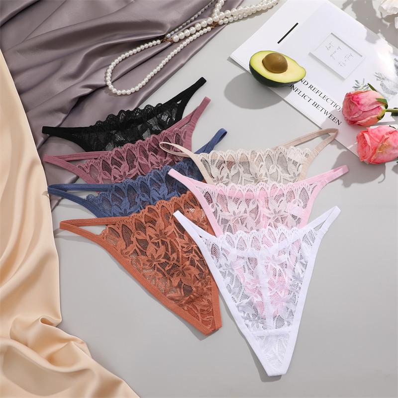 FINETOO Lace Thong For Women Sexy T-back Panty Solid Color Lingerie Floral Underwear