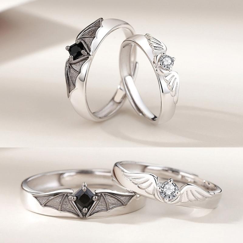2 Pieces Matching Rings for Couple Best Friend Adjustable Promise Rings Demon & Angel Wing Open Ring Valentines Gifts