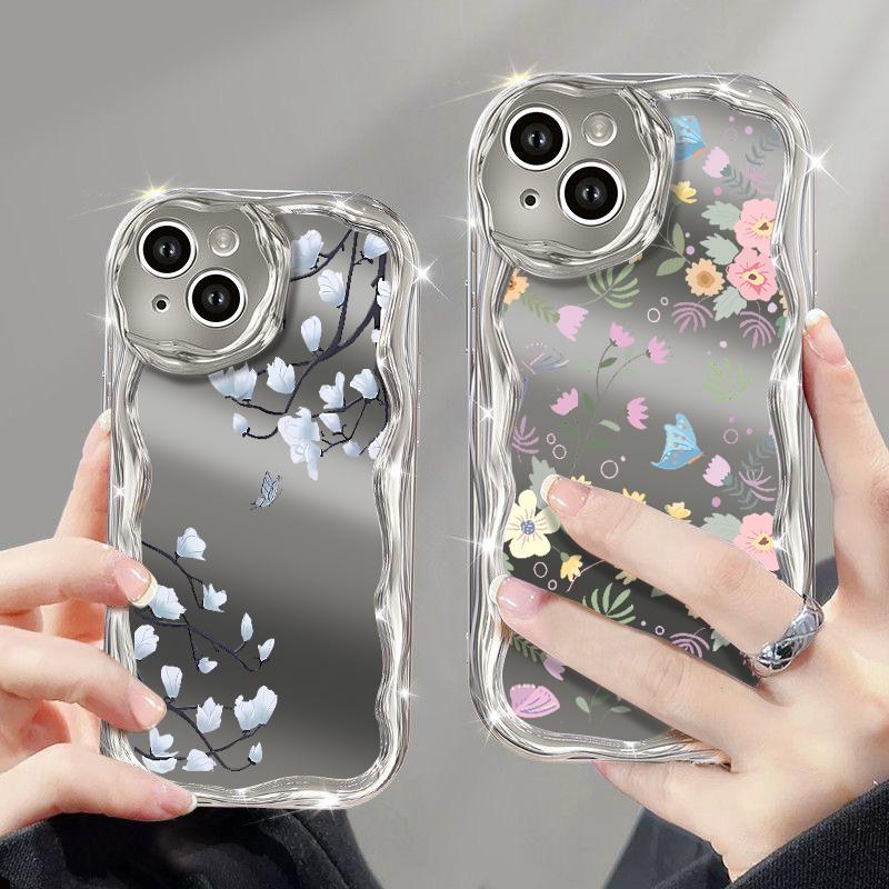 

Симпатичный красочный цветочный принт с волнистой рамкой для iPhone 15 Pro 14 13 Pro Max 12 11 с глянцевым зеркальным покрытием, защита объектива из ТПУ, противоударный мягкий чехол для телефона iPhone 15