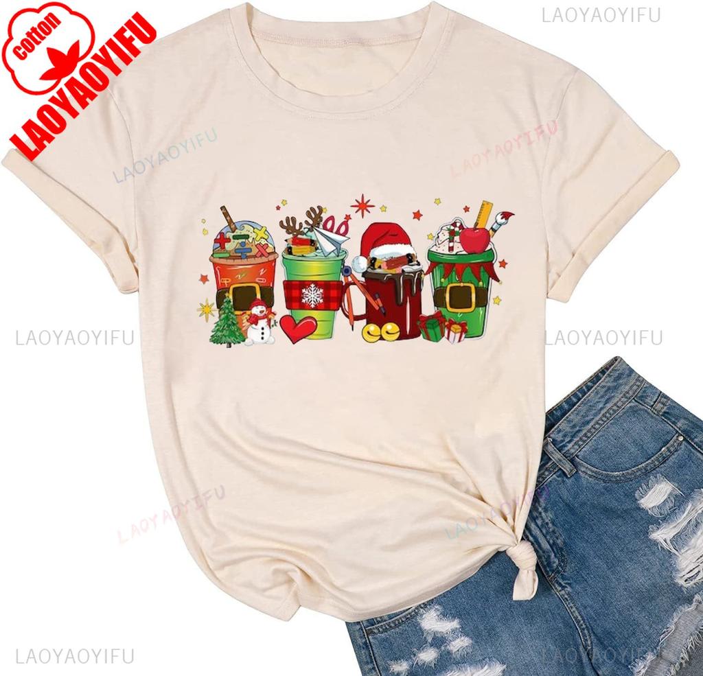 New Year Xmas Gift Merry Christmas Cotton Shirts for Women Merry and Bright Tree Graphic Holiday Printed TShirt Tops Unisex Tee