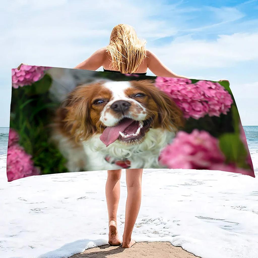 Dog With Flowers Pattern Microfiber Sand Free Beach Towel Oversized Quick Dry Absorbent Pool Towels For Pool Swimming Bathroom