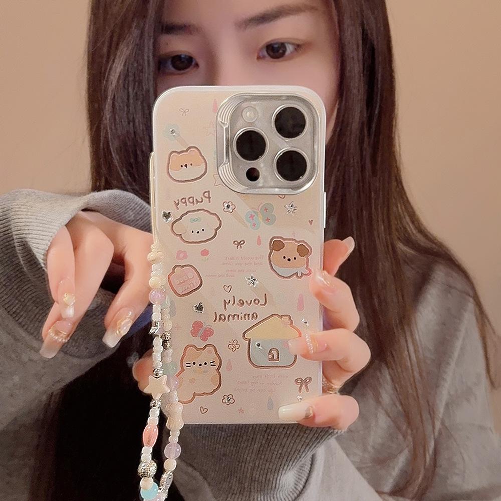 Cartoon Doodle Puppy Cat Suitable for Apple 15pro Max Mobile Phone Case Iphone14 Hanging Chain 16 Hard 13