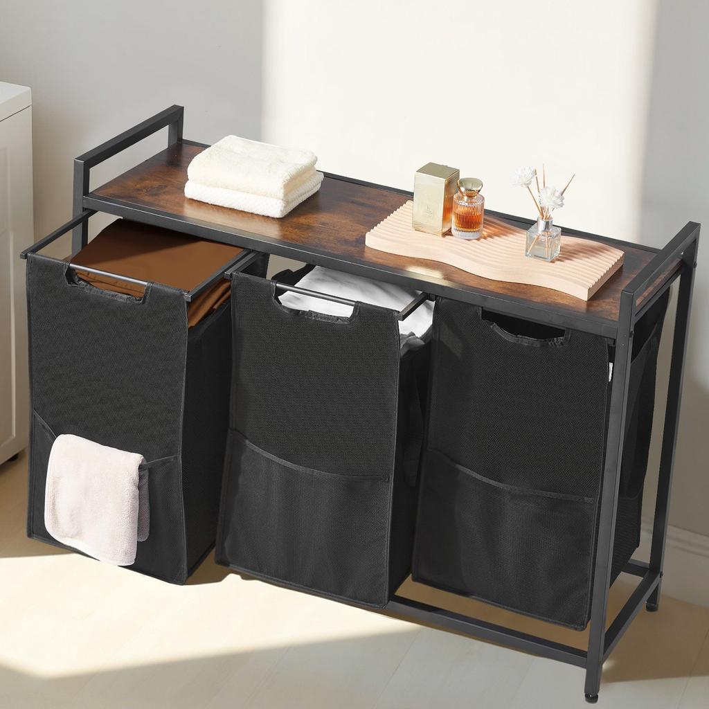 VEVOR 3 Section Laundry Sorter, Large Laundry Hamper with Metal Frame and Wooden Tabletop