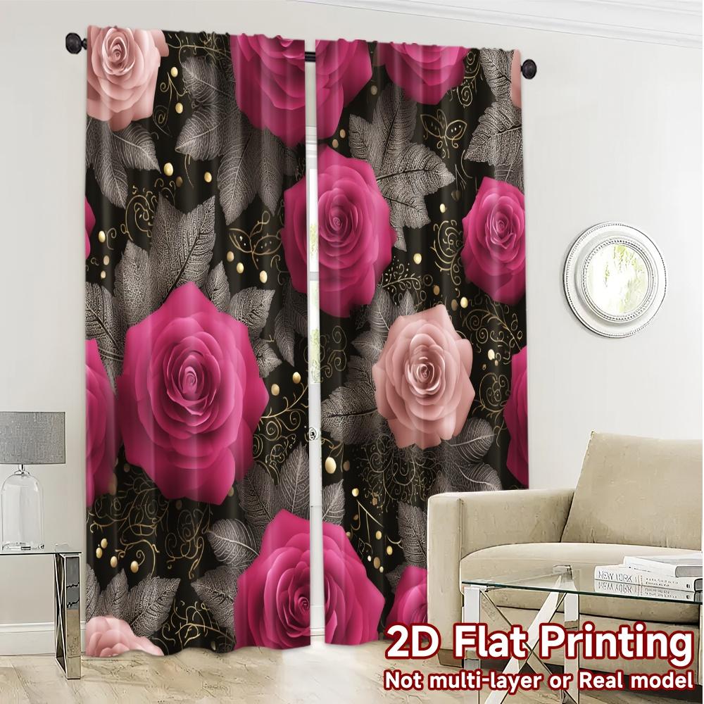 2D FLAT PRINTING 2pcs Curtains (Without Rod) Floral Elegance on Black Holiday Women is Day Printed Curtains Versatile Durable