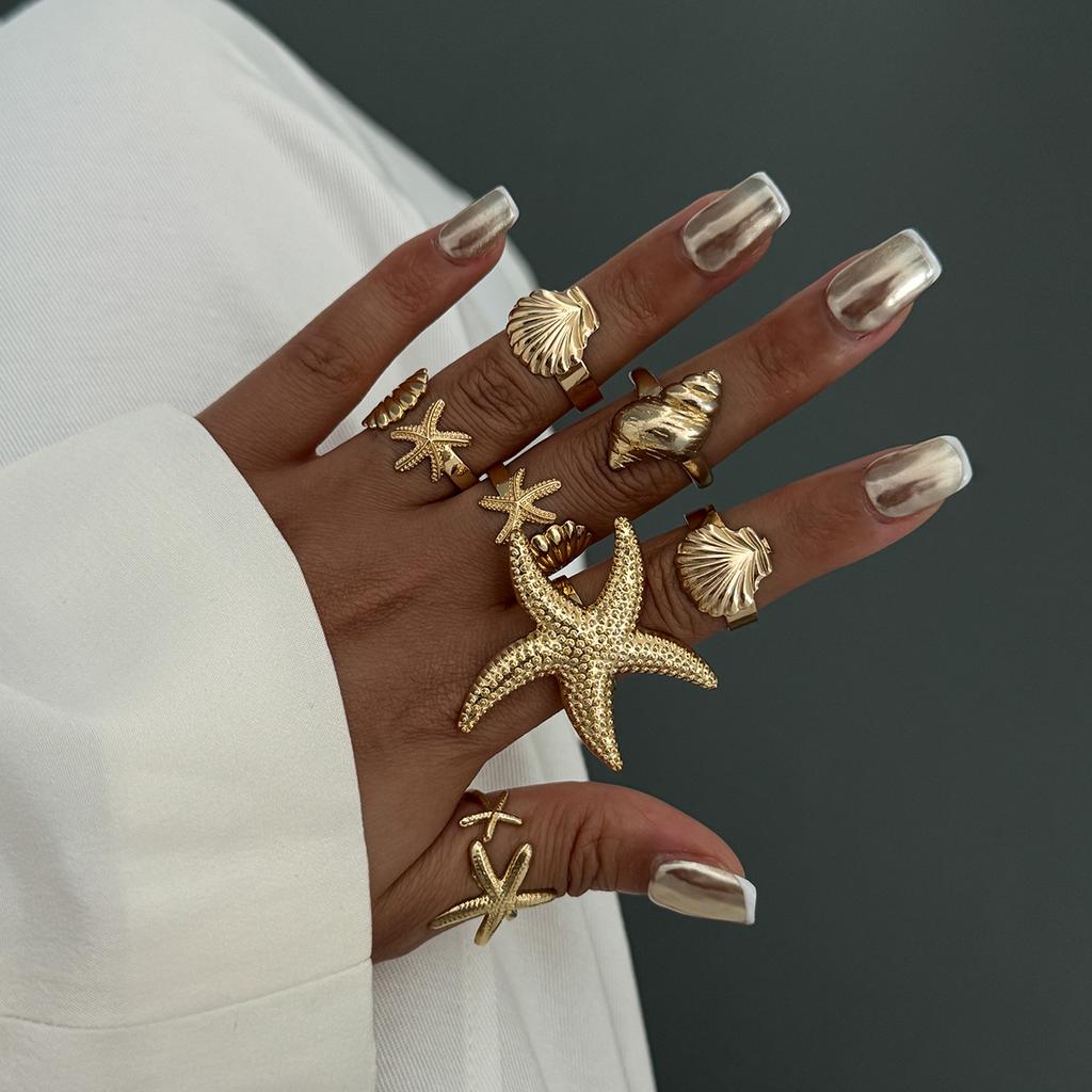 Ocean Wind Starfish Scallop Shell Ring Set Design Sense Irregular Metal Sun Flower Ring
