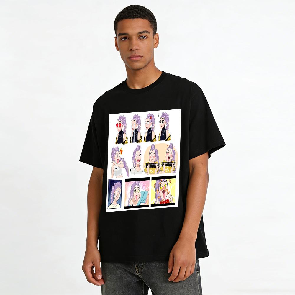 Funny Purple-haired Girl Meme Print Top, Casual Versatile Tee with Diverse Emotion Patterns for Men & Women Pure cotton T-shirt