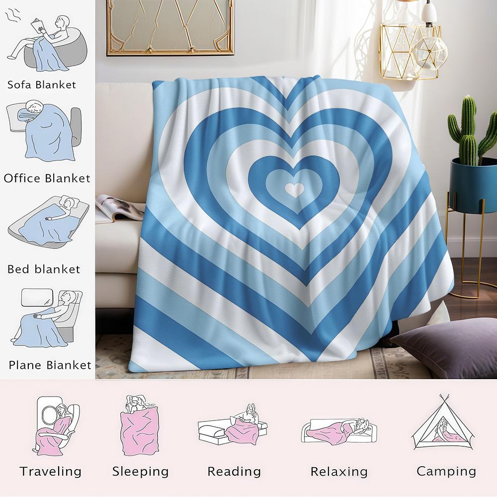 Blue Heart Layers Flannel Blanket Warm Soft Halloween Christmas Couch Warm Cozy Decorative Decor Gift for All Season