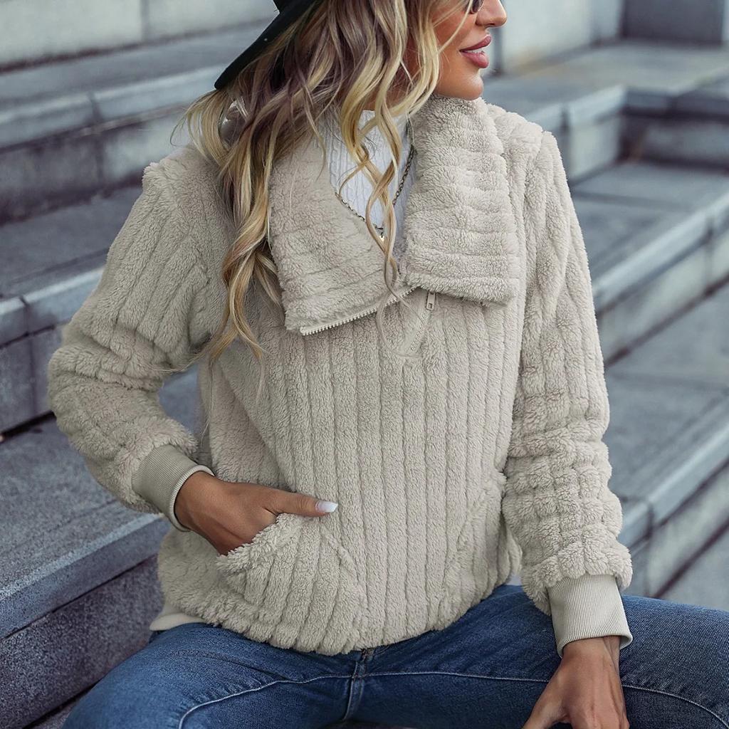 Autumn Winter Women's Round Neck Long Sleeve Pullover Zipper Casual Plush Sweater Comfortable High Quality Unique Beautiful and Most Striking Clothes