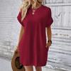 Women Solid Color T‑Shirt Dress Round Neck Short Sleeve Loose Mini Tunic Dress With Pockets Casual Summer Beach Vacation Shift Dress