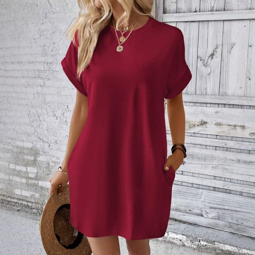 Women Solid Color T‑Shirt Dress Round Neck Short Sleeve Loose Mini Tunic Dress With Pockets Casual Summer Beach Vacation Shift Dress